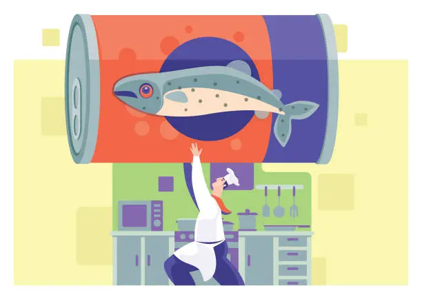 Vector illustration of chef lifting can of salmon in kitchen