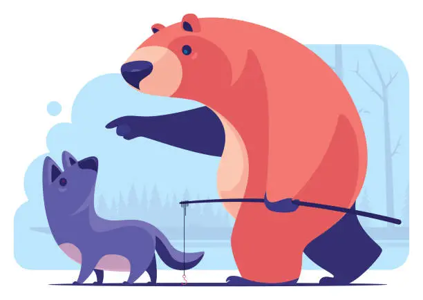 Vector illustration of bear holding fishing rod and guiding wolf