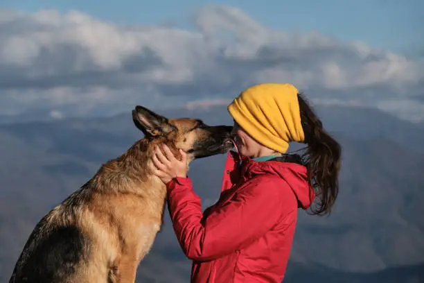 Photo of Hug and kiss best friend in nature. Young pretty Caucasian woman in red jacket stands on top of mountain next to her dog and enjoys scenery at sunset. Travel with German shepherd and owner.