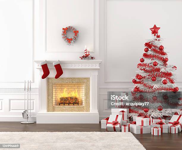 White And Red Christmas Fireplace Interior Stock Photo - Download Image Now - Fireplace, Christmas, Christmas Stocking
