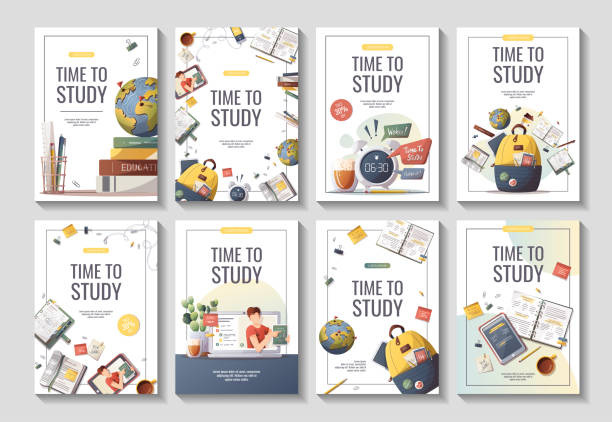 ilustrações de stock, clip art, desenhos animados e ícones de set of flyers with study supplies for studying, education, learning, back to school, student, stationery. - personal organizer telephone group of objects diary