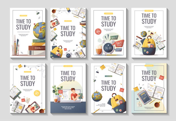 ilustrações de stock, clip art, desenhos animados e ícones de set of flyers with study supplies for studying, education, learning, back to school, student, stationery. - backpack university learning student