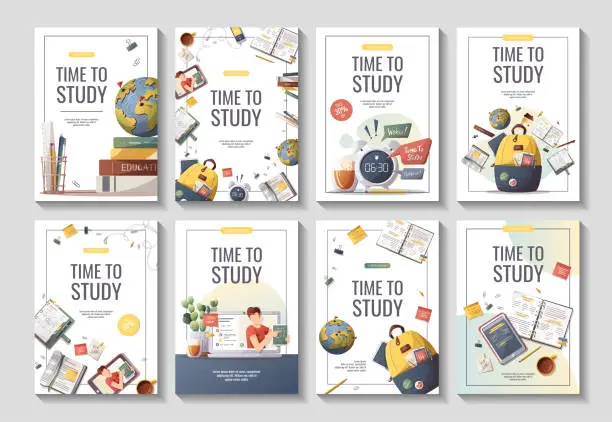 Vector illustration of Set of flyers with study supplies for Studying, education, learning, back to school, student, stationery.