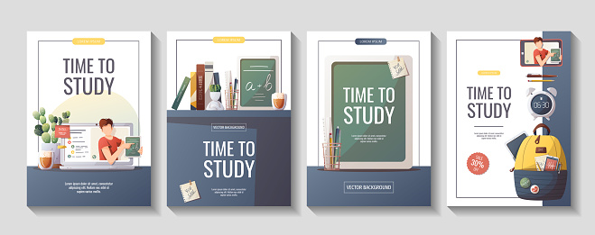 Set of flyers with study supplies for Studying, education, learning, back to school, student, stationery. A4 vector illustration for poster, banner, flyer, advertising.