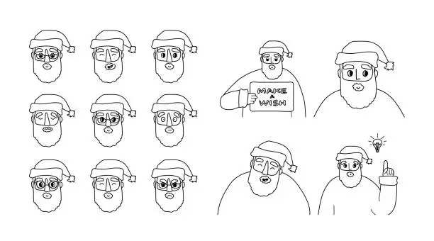 Vector illustration of Set of black white contour Santa Claus emotions, avatars. Hand drawn vector illustrations isolated on white background. New idea, board with text, laughter, laugh concepts