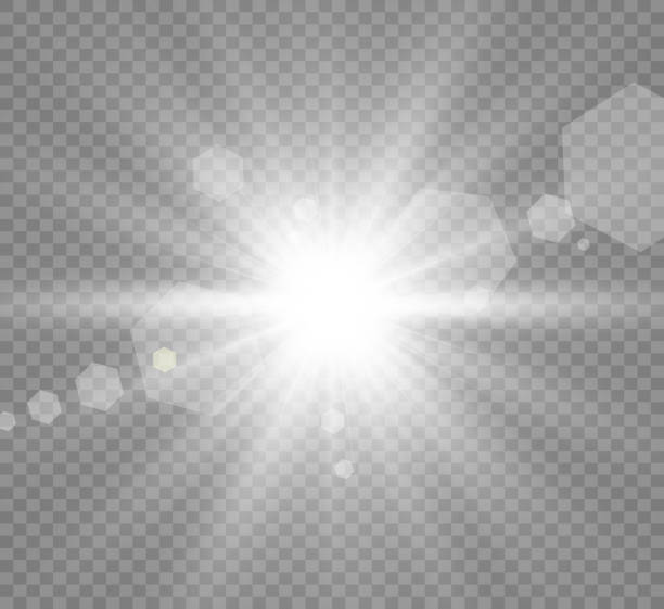 Beautiful star Special lens flash, light effect. The flash flashes rays and searchlight. illust.White glowing light. Light from the rays. The sun is backlit. Bright beautiful star. Sunlight. Glare. arise and shine stock illustrations