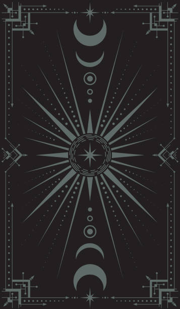 Vector magical dark background with an ornate geometric frame, moon phases, big star with concentric circles and pointed beams. Occult mystical vertical banner with crescents and decorative border Vector magical dark background with an ornate geometric frame, moon phases, big star with concentric circles and pointed beams. Occult mystical vertical banner with crescents and decorative border tarot cards illustrations stock illustrations