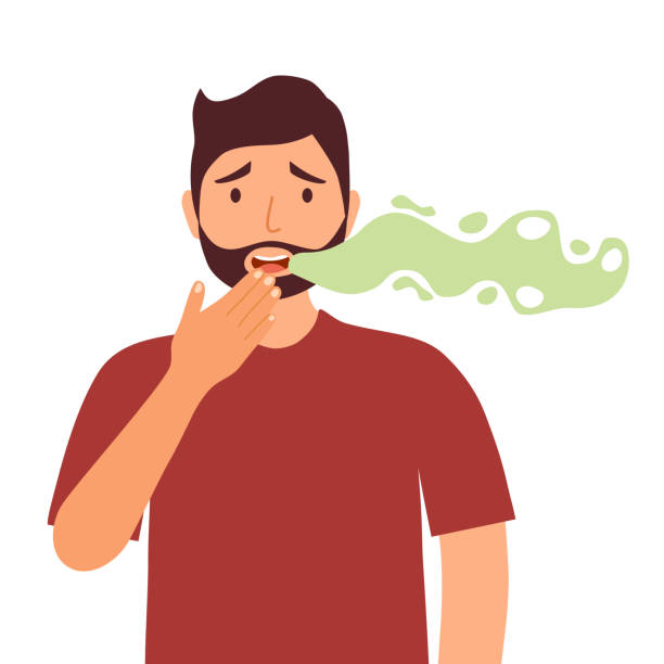 Man with bad breath in flat design on white background. Smelly mouth concept vector illustration. Oral health. vector art illustration