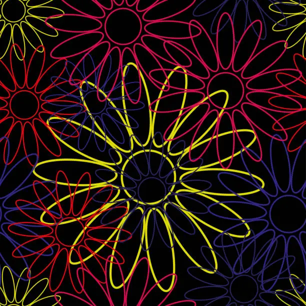 Vector illustration of Contour colored flowers on a black background. Seamless pattern. Vector drawing. Texture.