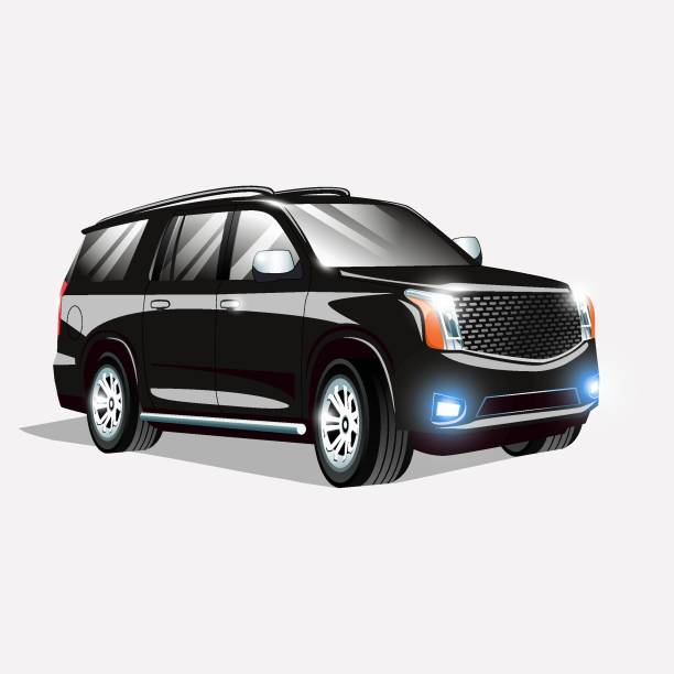 Realistic vector 3d black car Realistic vector 3d black car SUV with headlights on sports utility vehicle stock illustrations