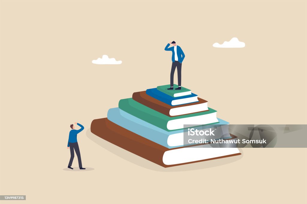 Education inequity, academic degree or institution bias, imbalance or chance or access to knowledge, school dropout concept, success young man on top of stack of textbooks look at other on the floor. Education stock vector
