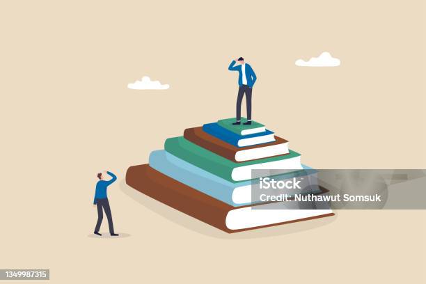 Education Inequity Academic Degree Or Institution Bias Imbalance Or Chance Or Access To Knowledge School Dropout Concept Success Young Man On Top Of Stack Of Textbooks Look At Other On The Floor Stock Illustration - Download Image Now