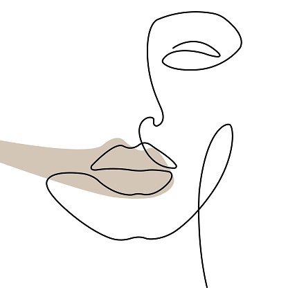 Minimalist woman face line illustration with pastel decor. One line drawing.