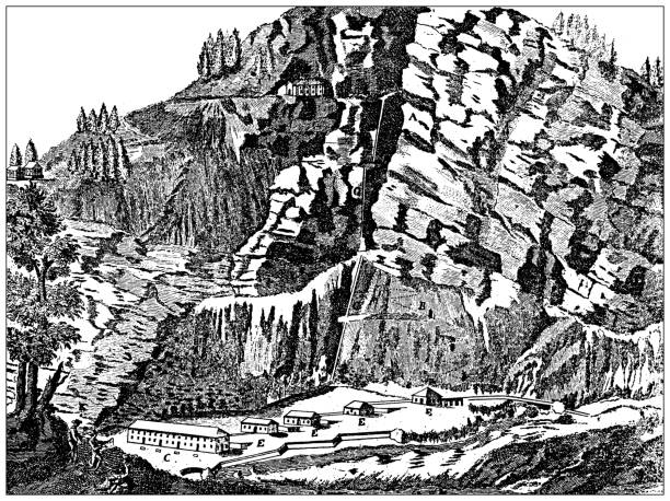 Antique (circa 1790) engraving of Italian Alps mountains: Gold mine in Alagna, Valsesia Antique (circa 1790) engraving of Italian Alps mountains: Gold mine in Alagna, Valsesia roberto alagna stock illustrations