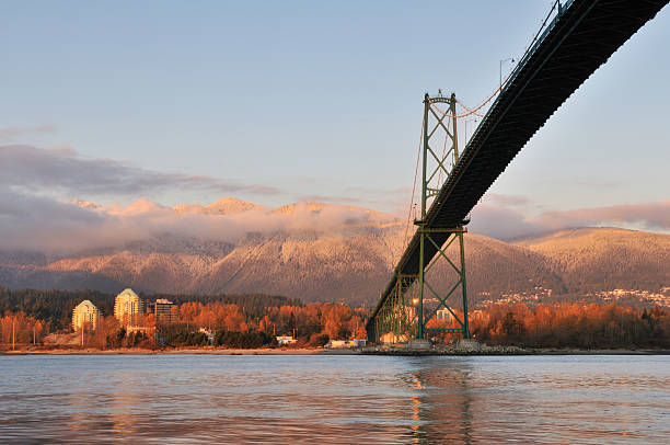 Lions Gate Bridge and Grouse Mountain at sunset stock photo