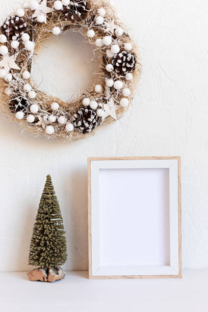 istock Christmas background empty wooden picture frame mock up and decoration 1349994285