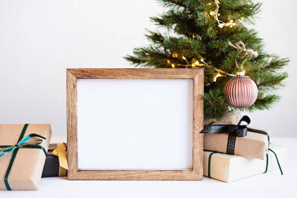 Christmas background empty wooden picture frame mock up and decoration