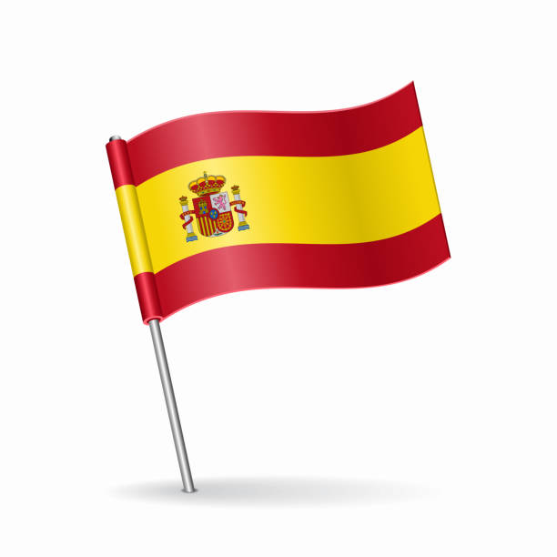 ilustraciones, imágenes clip art, dibujos animados e iconos de stock de diseño del puntero del mapa de la bandera española. ilustración vectorial. - spain flag spanish flag national flag