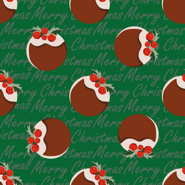 Christmas Pudding seamless vector pattern background. Festive backdrop with seasonal celebration cake, berries, holly leaves and blended season greetings text. Traditional colors. Repeat for winter Christmas Pudding seamless vector pattern background. Festive backdrop with seasonal celebration cake, berries, holly leaves and blended season greetings text. Traditional colors. Repeat for winter. christmas pudding stock illustrations