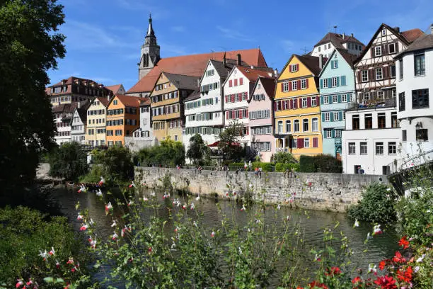 View of medieval skyline of German multi-colored city