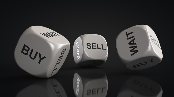 Dice with decision options: buy, sell or wait. Decision-making uncertainty.