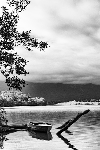 Fishing boat on a Guaratuba Beach located close to Serra do Mar State Park, but outside its area in the municipality of Bertioga on the north coast of the state of São Paulo