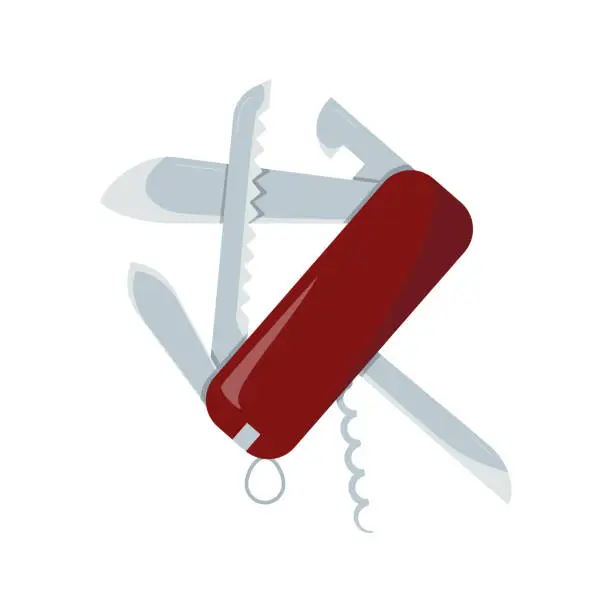 Vector illustration of Vector illustration multi-purpose red knife in flat style. Camping and travel item