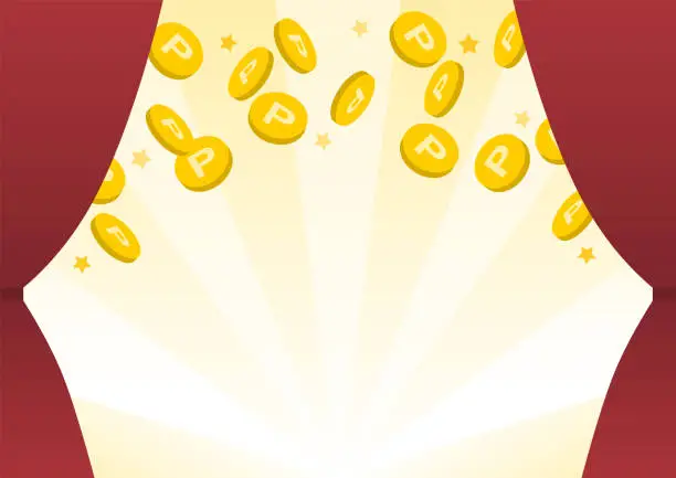 Vector illustration of Points coin over the red curtain. Vector illustration.