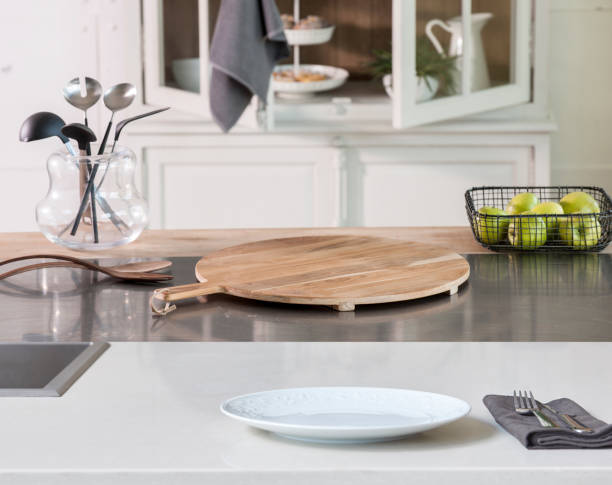 istock Kitchen brass utensils, chef accessories. Hanging copper kitchen 1350008275