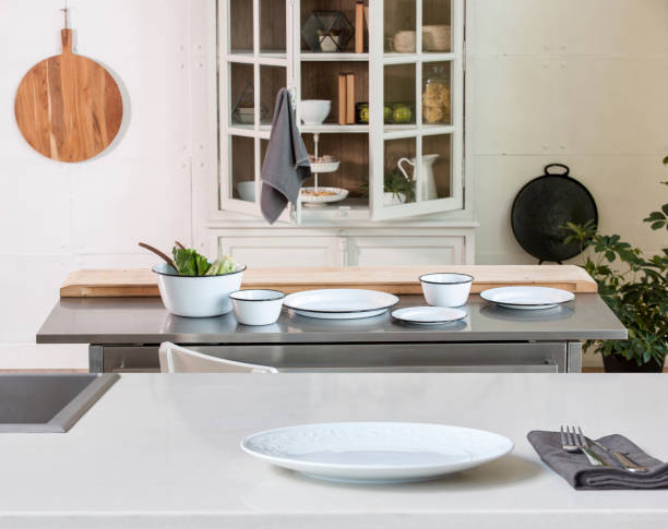 istock Kitchen brass utensils, chef accessories. Hanging copper kitchen 1350008362