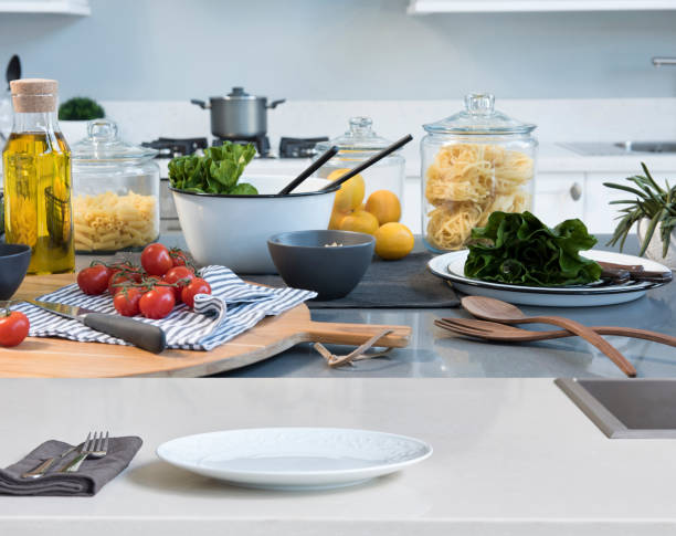 istock Kitchen brass utensils, chef accessories. Hanging copper kitchen 1350008415