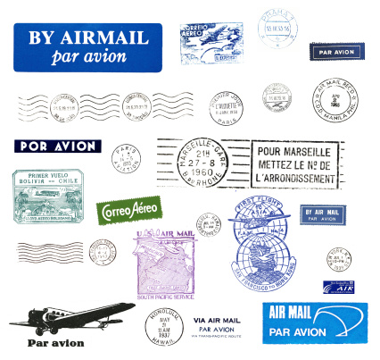 Vintage postage stamps and airmail labels from all over the world