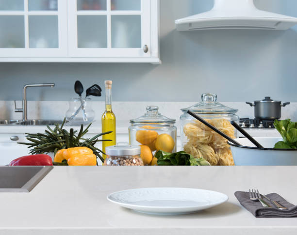 istock Kitchen brass utensils, chef accessories. Hanging copper kitchen 1350008590