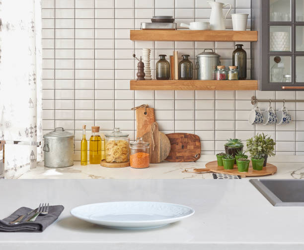 istock Kitchen brass utensils, chef accessories. Hanging copper kitchen 1350008606
