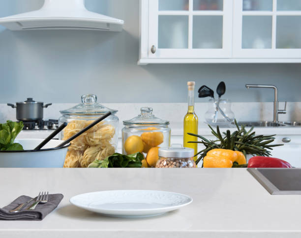 istock Kitchen brass utensils, chef accessories. Hanging copper kitchen 1350008649