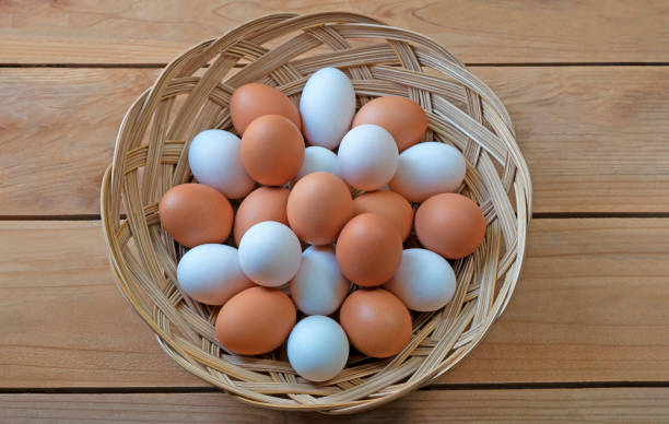 istock Difference between chicken and duck egg color, white duck eggs and the brown color of chicken eggs in a woven basket. 1350010029