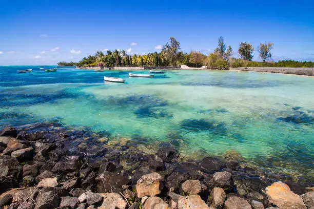 Idyllic view of the indian ocean of Mauritius with blue water and sky rock beach sea shore and palm trees