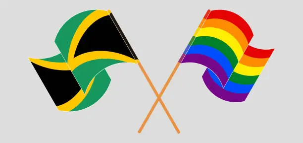 Vector illustration of Crossed and waving flags of Jamaica and LGBTQ