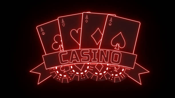 Casino Four Aces And Chips Black And Red Neon Isolated On Black Background.