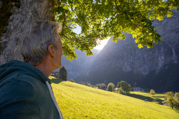 istock Man relaxes in grassy meadow, under tree 1350018522