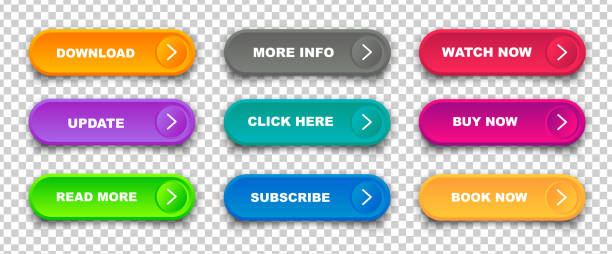 istock Set of vector modern trendy flat buttons. Trendy colors with transparent background. Read More, learn more, buy now, download, watch now, book more colorful button set 1350018843