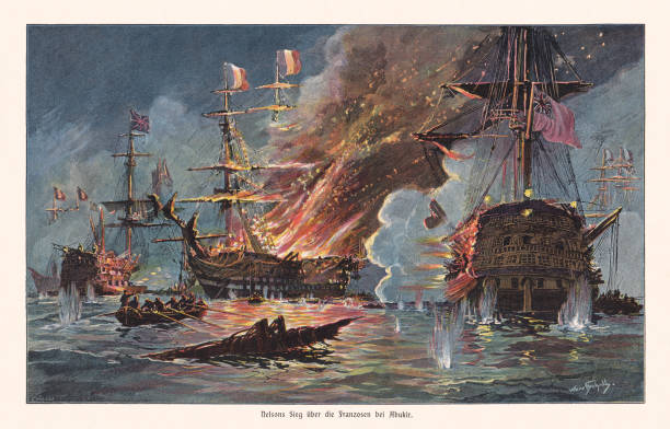 The Battle of the Nile (1798), color woodcut, published 1900 The Battle of the Nile (also known as the Battle of Aboukir Bay; French: Bataille d'Aboukir) - one of the decisive battles during the Coalition Wars. It took place on August 1st and 2nd, 1798 off the coast of Aboukir, near Alexandria (Egypt). The British navy under the command of Admiral Nelson defeated the French Mediterranean fleet. Color woodcut after a drawing, published in 1900. admiral nelson stock illustrations