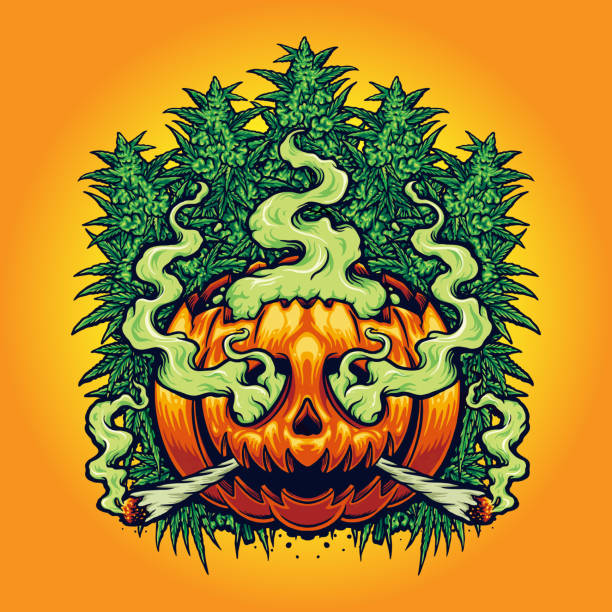 Halloween Jack O Lantern Cannabis Background Vector illustration Halloween Jack O Lantern Cannabis Background Vector illustrations for your work Logo, mascot merchandise t-shirt, stickers and Label designs, poster, greeting cards advertising business company or brands. marijuana tattoo stock illustrations