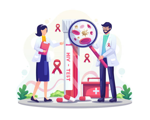 pracownicy medyczni z probówką na hiv badają krew aids w światowym dniu aids płaska ilustracja wektorowa - hiv stock illustrations