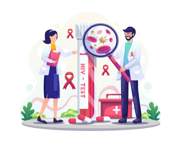 Medical workers with an HIV test tube are researching AIDS Blood on World AIDS day Flat Vector Illustration Medical workers with an HIV test tube are researching AIDS Blood on World AIDS day Vector Illustration hiv stock illustrations