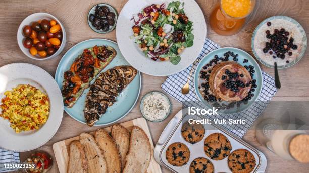 Served Dining Table Stock Photo - Download Image Now - Veganism, Breakfast, Domestic Life