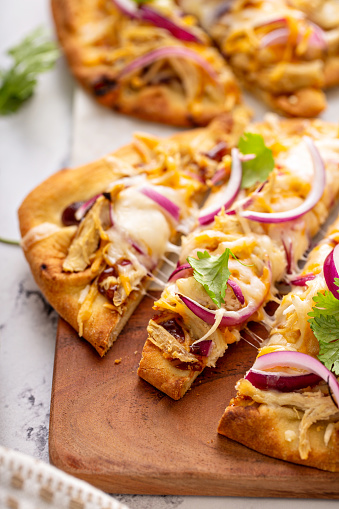 Barbecue chicken flatbreads with red onion and cilantro