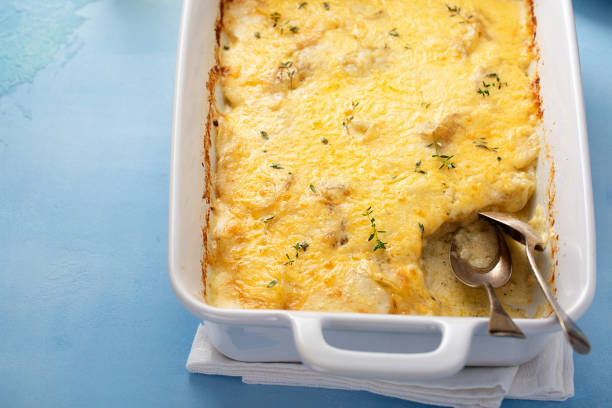 istock Cheesy baked potatoes in a baking dish with thyme 1350023967