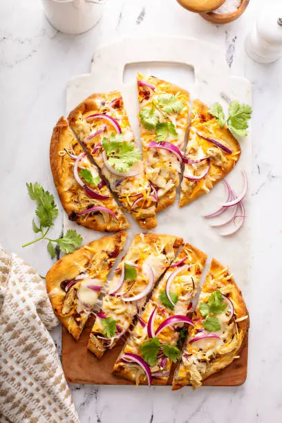 Barbecue chicken flatbreads with red onion and cilantro