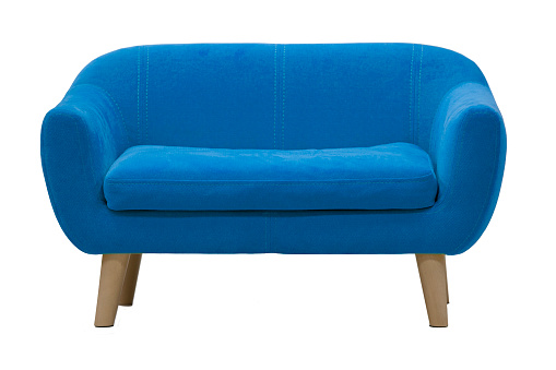 Blue sofa on wooden legs on a white background.